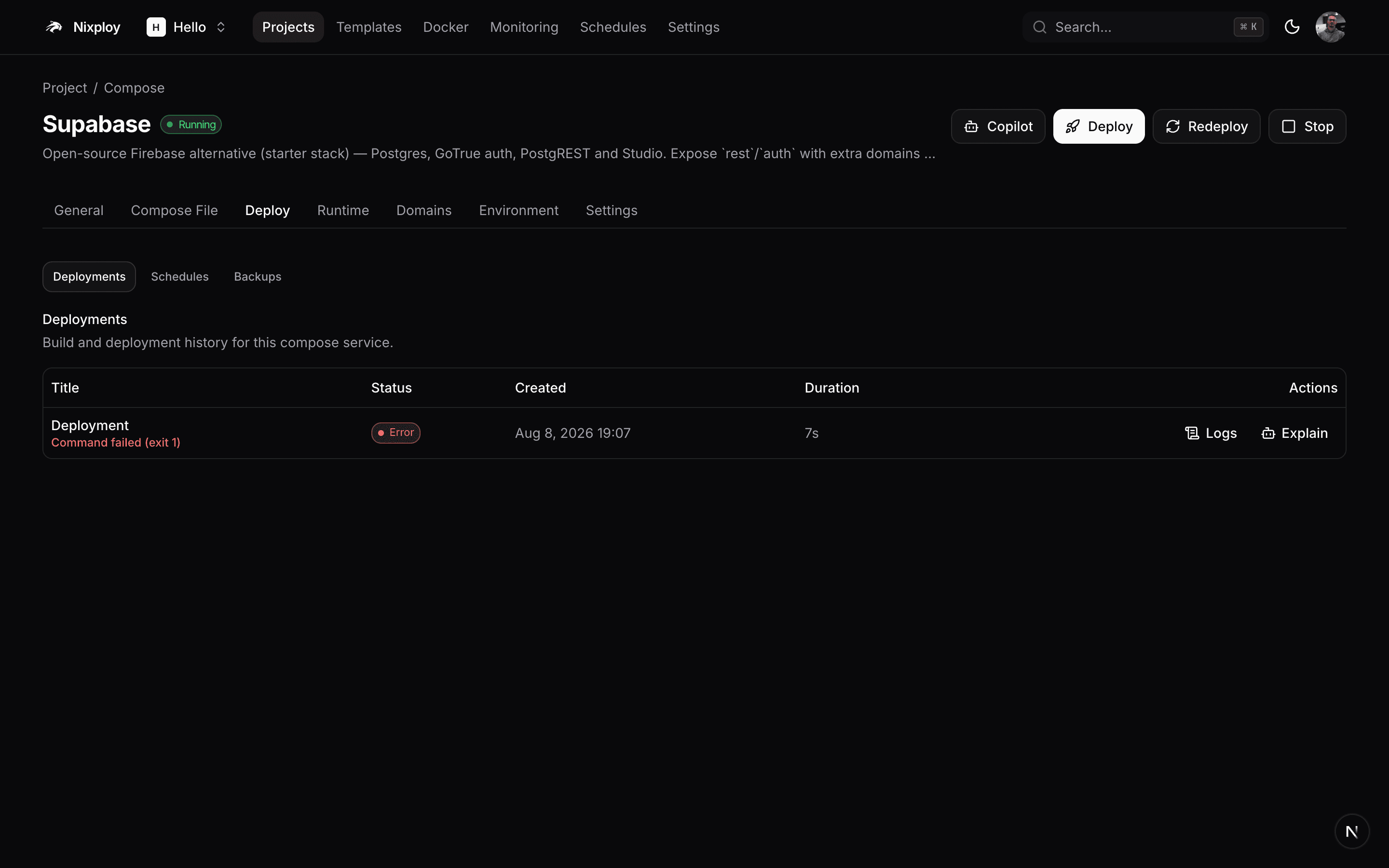 Deployment history in the Nixploy panel